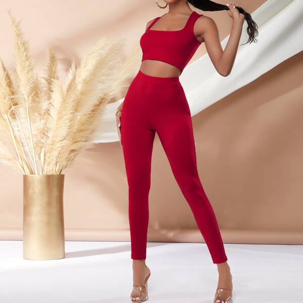 

Square Neck Solid Crop Tank Top & Leggings Set, Red