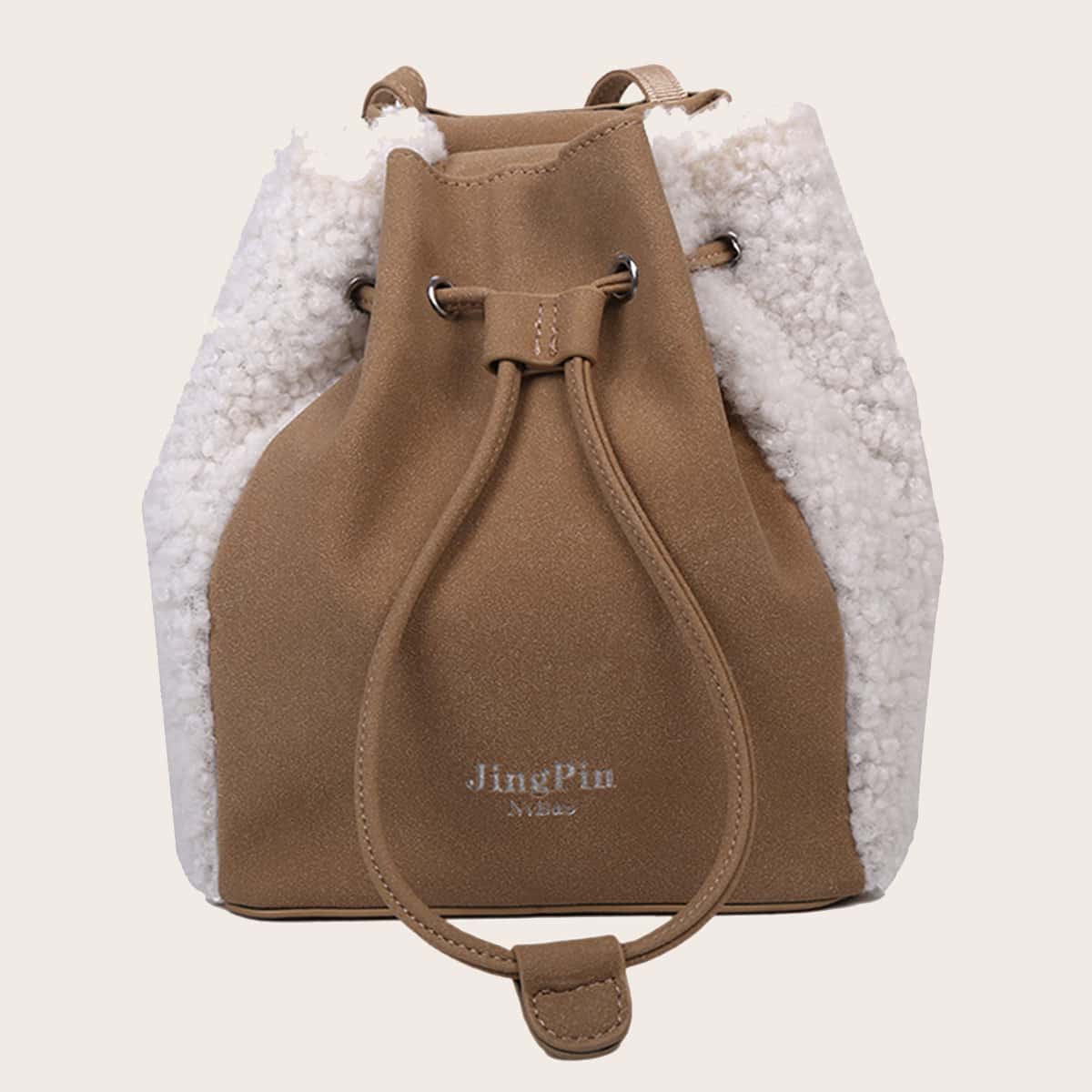 Image of Faux Shearling Panel Bucket Bag