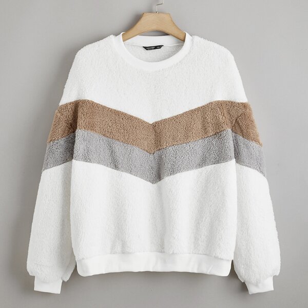 

Контрастный плюшевый пуловер размера плюс, Белый