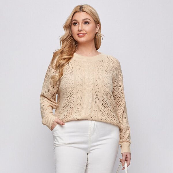 

Plus Drop Shoulder Pointelle Knit Sweater, Beige