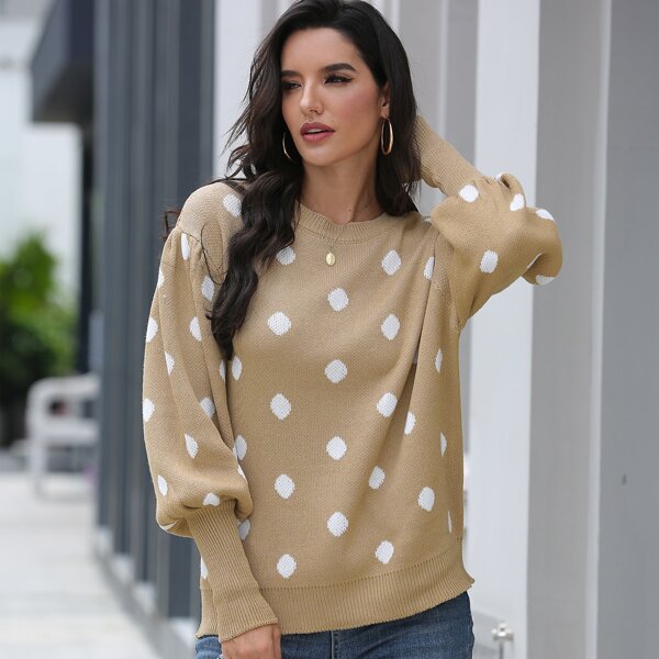 

Polka Dot Leg-of-mutton Sleeve Sweater, Khaki