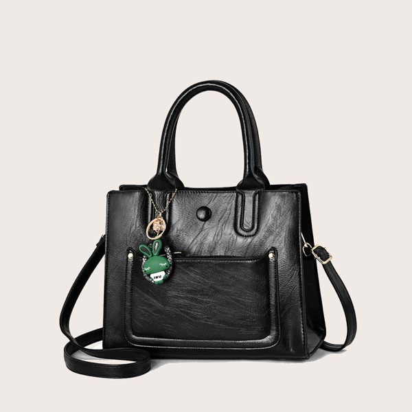 

Minimalist Tote Bag With Cartoon Bag Charm, Black