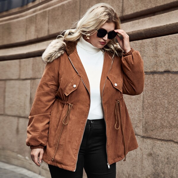 

Plus Drawstring Waist Parka Coat, Rust brown