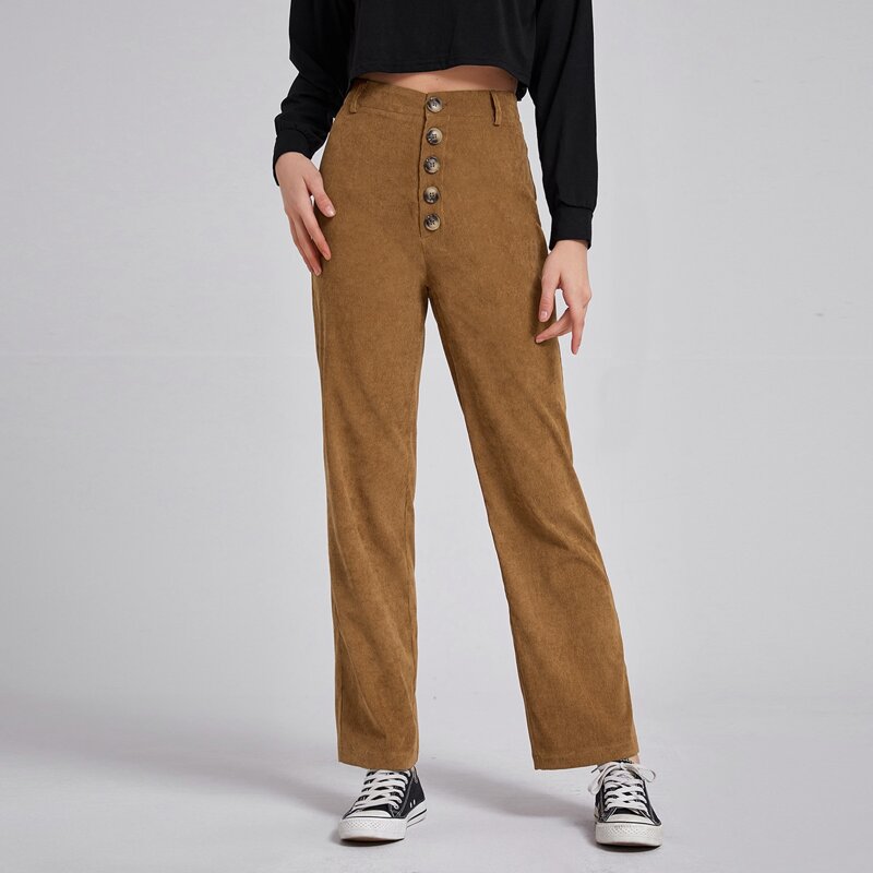 

Solid Corduroy Button Pants, Brown