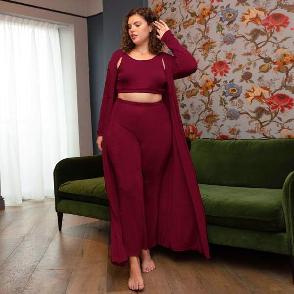

Plus 3pcs Solid Pajama Set & Robe, Burgundy