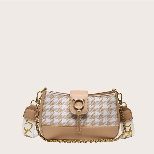 

Tassel Decor Houndstooth Pattern Shoulder Bag, Khaki