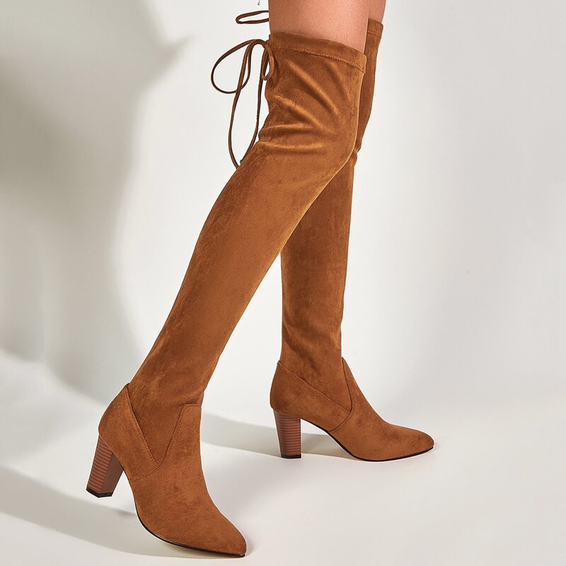 

Tie Back Suede Over The Knee Boots, Brown
