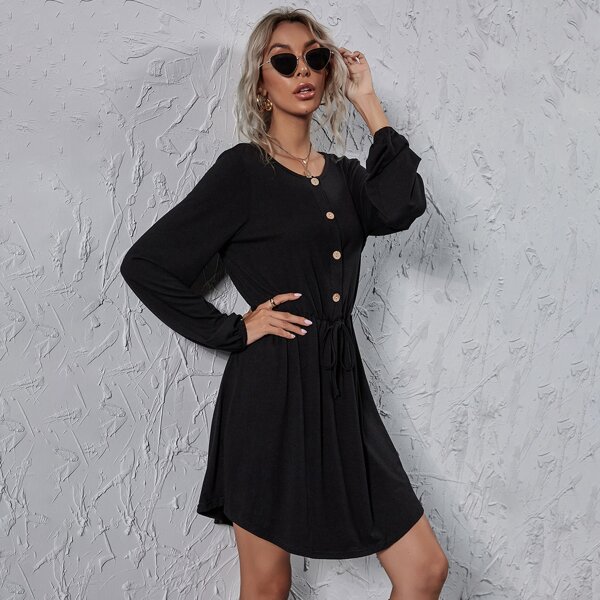 

Solid Button Front Knot Dress, Black