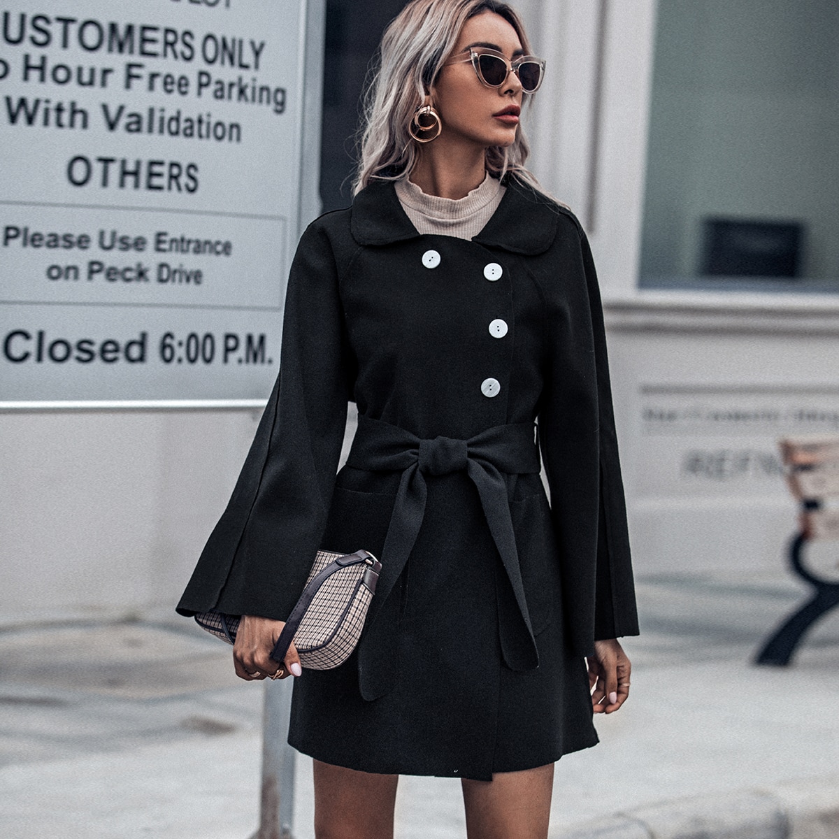 Image of Button Front Raglan Sleeve Belted Overcoat