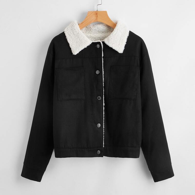 

Contrast Shearling Button Front Corduroy Jacket, Black