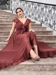 SHEIN Belle Plus Ruffle Trim Belted Ruffle Wrap Chiffon Dress - Redwood - View 1