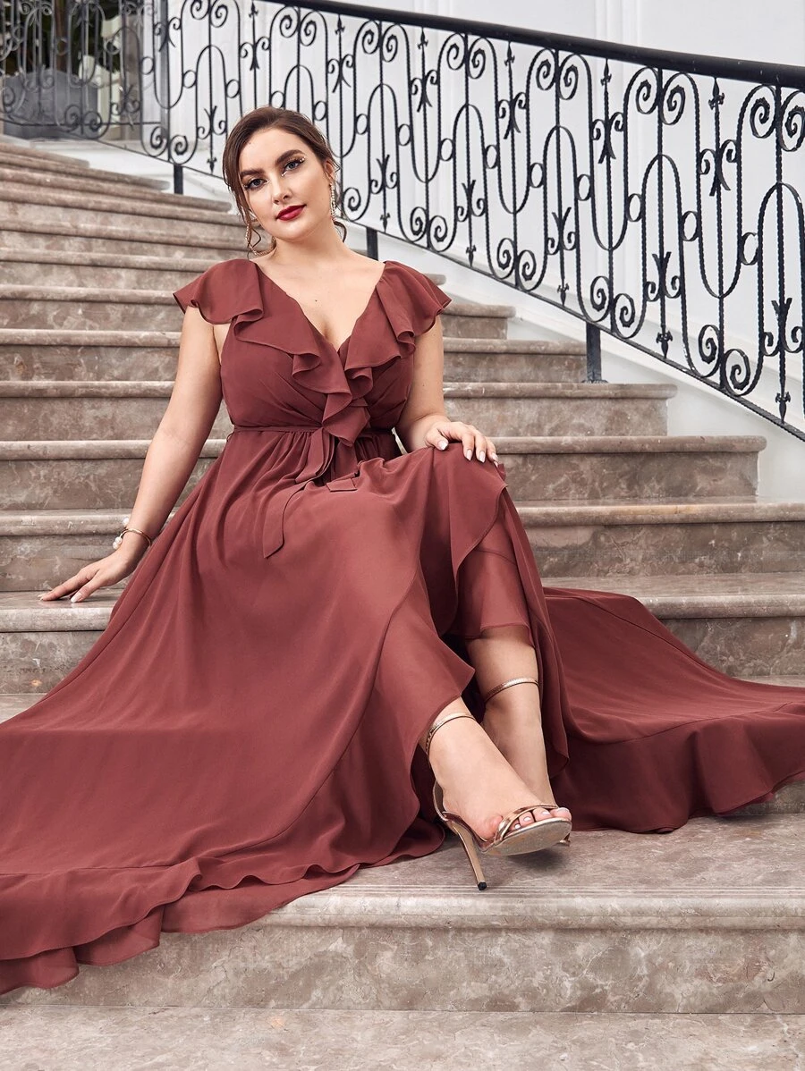 SHEIN Belle Plus Ruffle Trim Belted Ruffle Wrap Chiffon Dress - Redwood - View 1