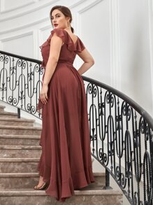 SHEIN Belle Plus Ruffle Trim Belted Ruffle Wrap Chiffon Dress - Redwood - View 2