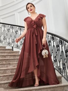SHEIN Belle Plus Ruffle Trim Belted Ruffle Wrap Chiffon Dress - Redwood - View 3
