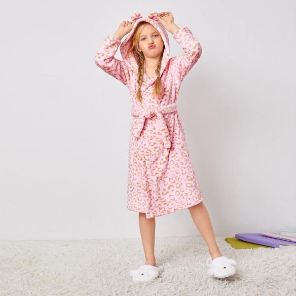 

Girls All Over Pattern 3D Ear Design Flannel Belted Robe, Baby pink