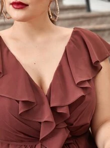 SHEIN Belle Plus Ruffle Trim Belted Ruffle Wrap Chiffon Dress - Redwood - View 4