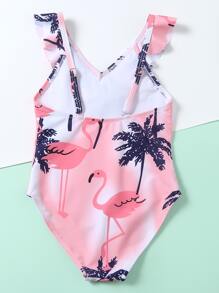 年輕女孩手掌樹葉和火烈鳥印花一件式泳裝 - 彩色 - 查看 2
