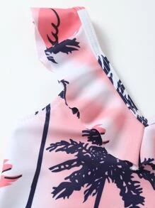 年輕女孩手掌樹葉和火烈鳥印花一件式泳裝 - 彩色 - 查看 3