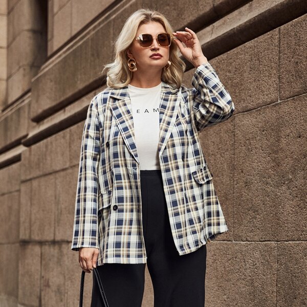 

Plus Lapel Collar Plaid Double Breasted Blazer, Multicolor