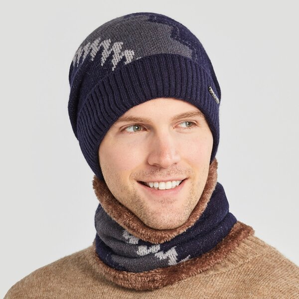 

Men Warm Beanie & Ring Scarf, Navy blue