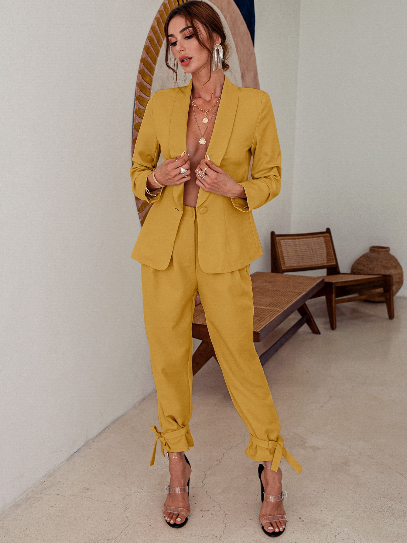 Single Button Shawl Collar Blazer & Knot Pants Set thumbnail