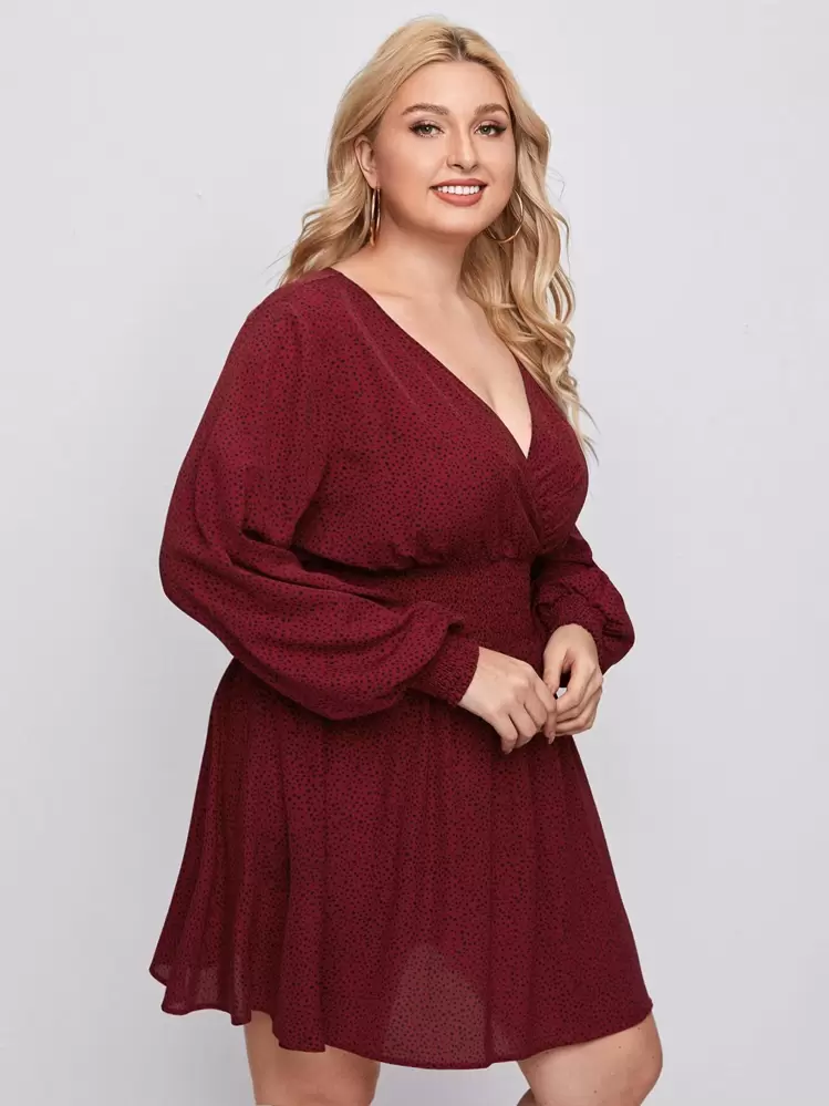 SHEIN Unity A-Linie Kleid mit Muster und geraffter Taille - Bordeaux - Übersicht 4
