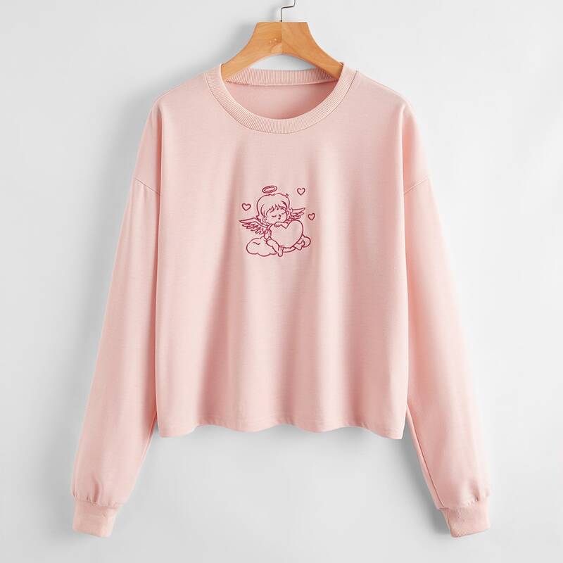 

Angel Embroidery Drop Shoulder Tee, Baby pink