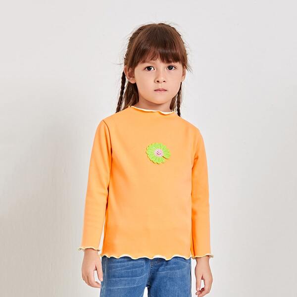 

Toddler Girls Floral Embroidery Lettuce Trim Tee, Orange
