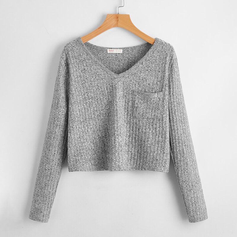 

Solid Ribbed Pocket Crop Tee, Grey