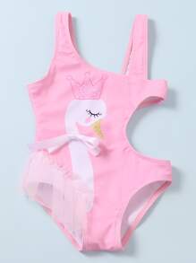 少女天鵝印花剪裁一片式泳裝 - 粉色 - 查看 3
