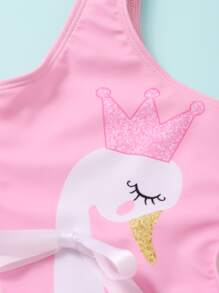 少女天鵝印花剪裁一片式泳裝 - 粉色 - 查看 5
