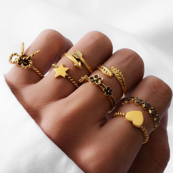 

7pcs Heart Decor Ring, Gold