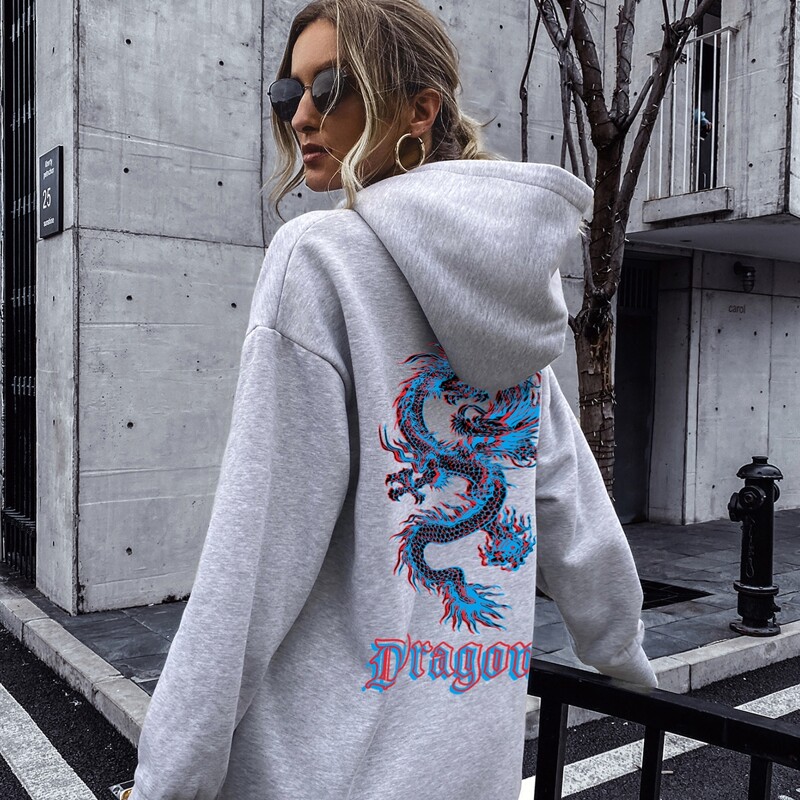 

Chinese Dragon And Letter Graphic Oversized Hoodie, Light grey