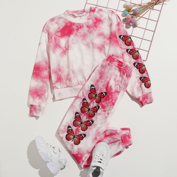 

Girls Butterfly Print Drop Shoulder Tie Dye Pullover & Sweatpants Set, Pink