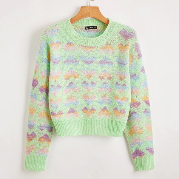 

Drop Shoulder Heart Sweater, Lime green