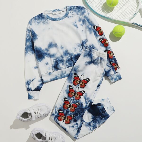 

Girls Butterfly Print Drop Shoulder Tie Dye Pullover & Sweatpants Set, Blue and white