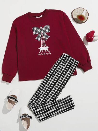 طقم كنزة وبنطلون لفتاة مراهقة بعبارات جرافيكية وطبعة التورنيكس الأسود والأبيض