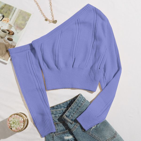 

Asymmetrical Neck Crop Sweater, Blue