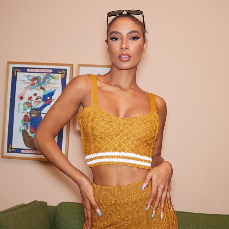 

Striped Pattern Crop Knit Top, Mustard yellow
