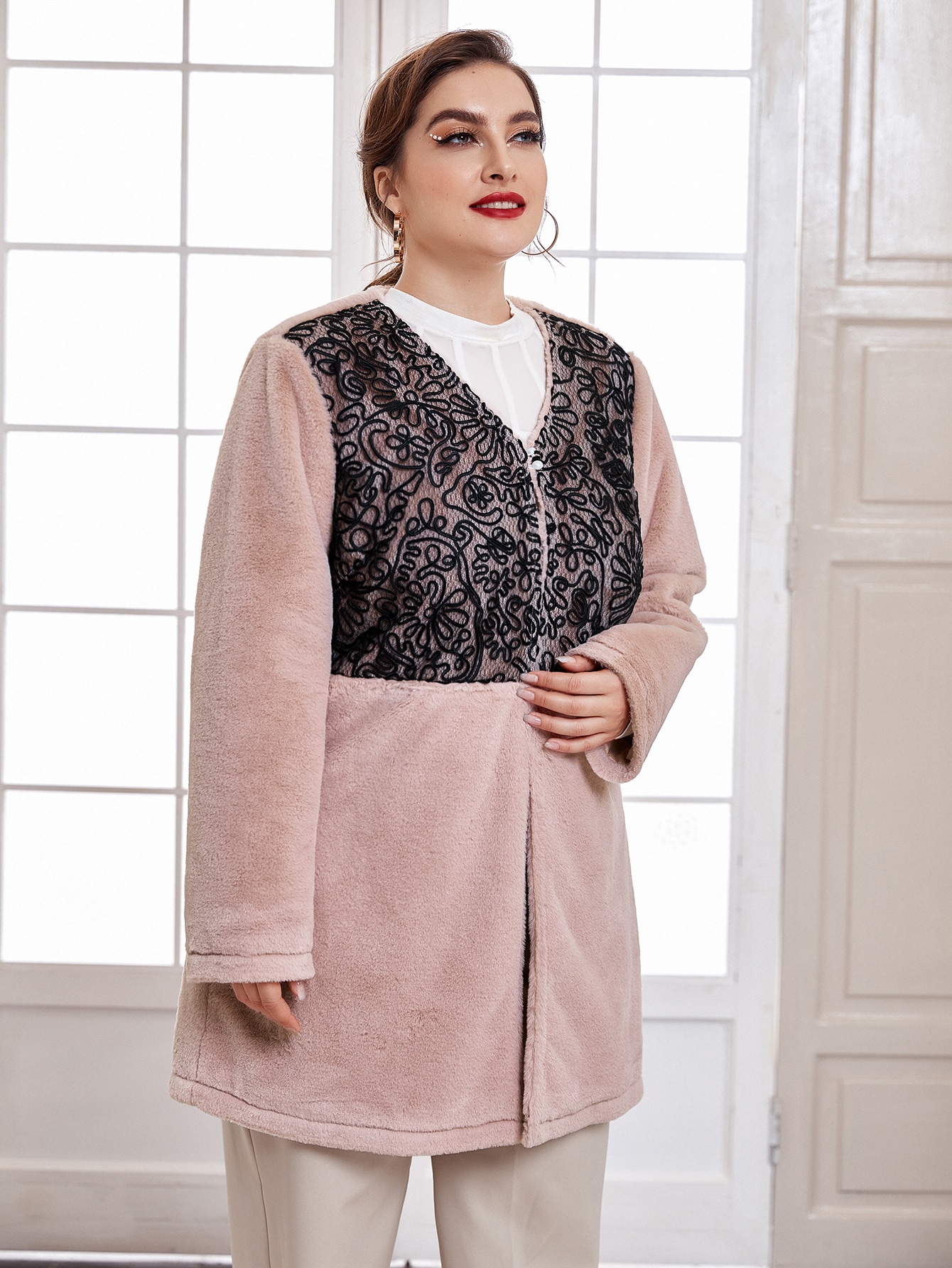 Plus Lace-overlay Button Flannel Coat thumbnail