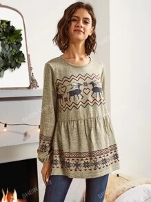 LUUKSE Keyhole Back Christmas Print Peplum Tee