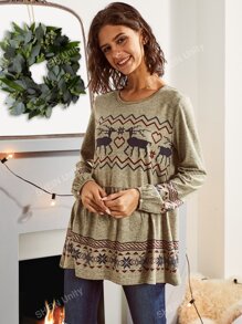 LUUKSE Keyhole Back Christmas Print Peplum Tee