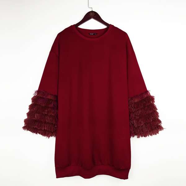 

Plus Drop Shoulder Contrast Fringe Cuff Sweatshirt Dress, Burgundy