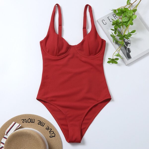 

Rib Underwire One Piece Swimsuit, Red
