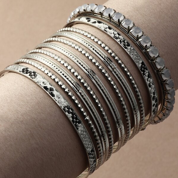 

10pcs Rhinestone Decor Bangle, Silver
