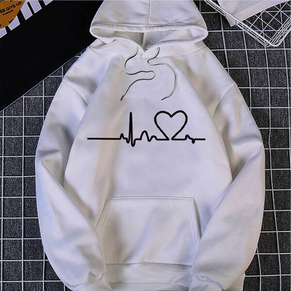 

Heart Print Kangaroo Pocket Drawstring Hoodie, White