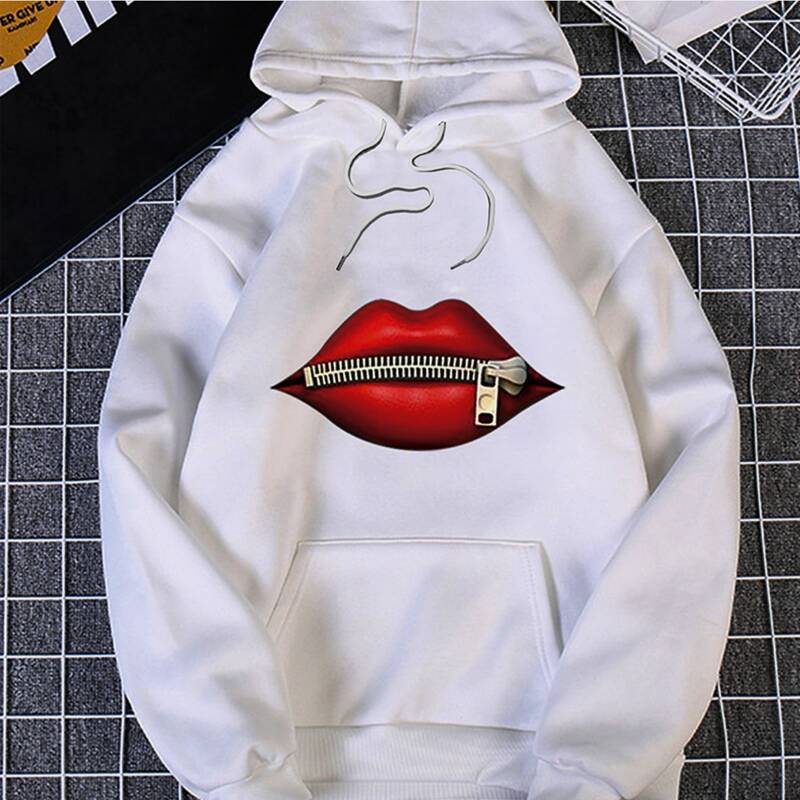 

Lip Print Kangaroo Pocket Drawstring Hoodie, White
