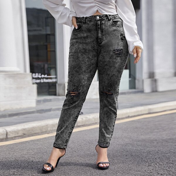 

Plus High Waist Ripped Jeans Without Belt, Black