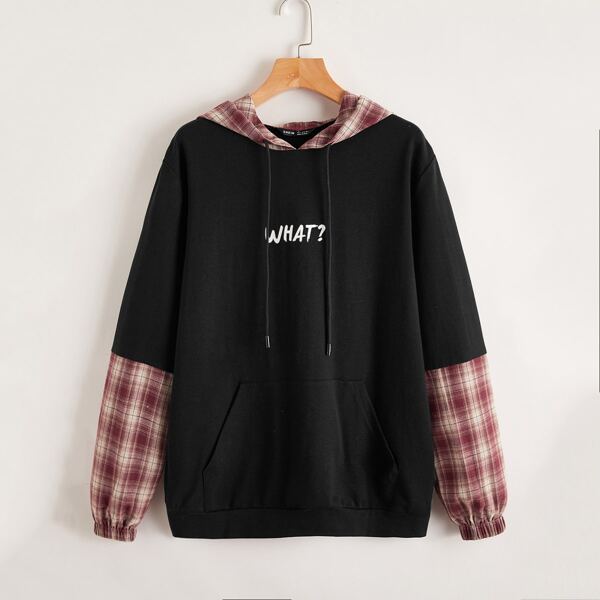 

Contrast Plaid Letter Graphic Hoodie, Black