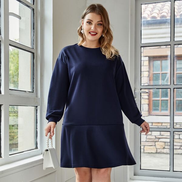 

Plus Solid Ruffle Hem Sweatshirt Dress, Navy blue